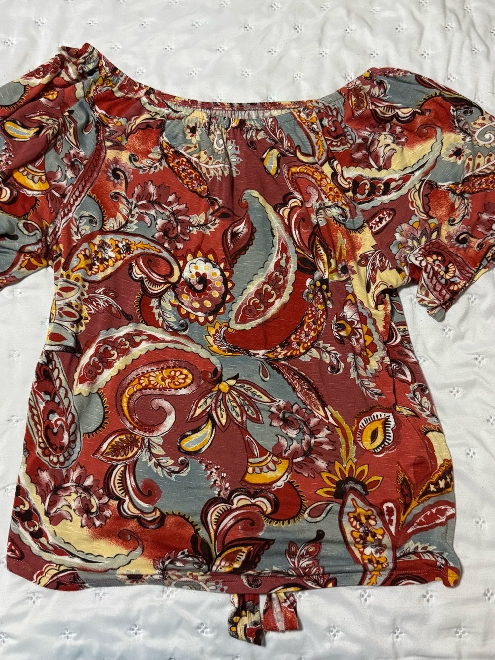Kim & Cami Rust Paisley Off-Shoulder Tie-Front Top with Multicolor Print - Picture 3 of 3